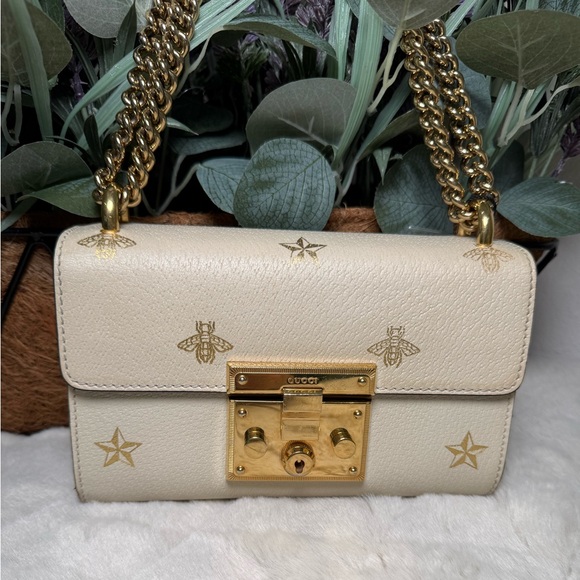 Gucci Grained Calfskin Leather Bee & Star Chain Shoulder Bag with COA
